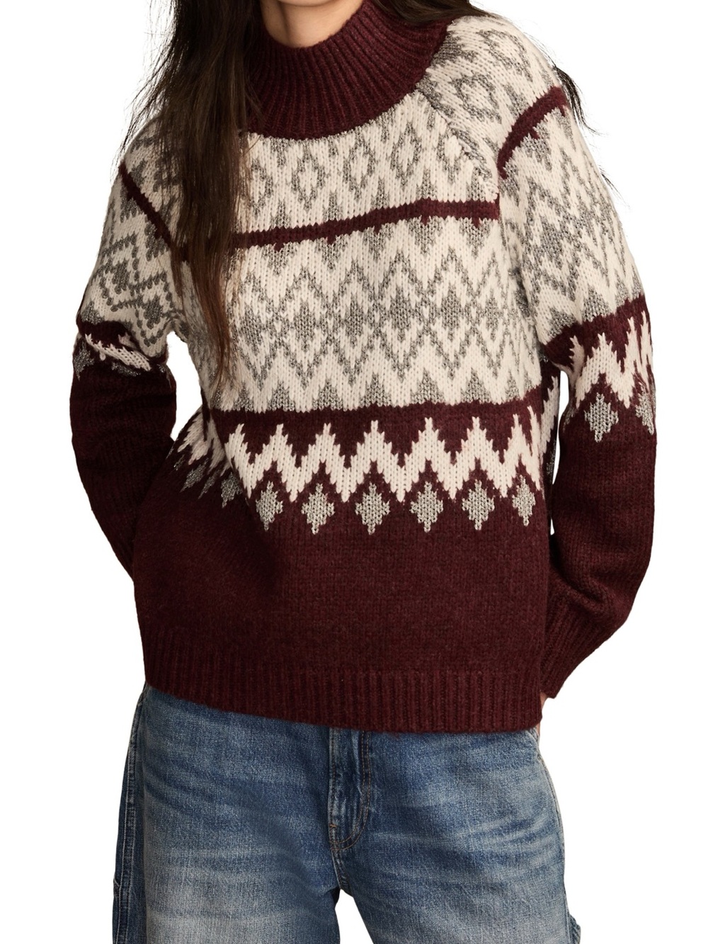 Lucky Brand Burgundy and Cream Fair Isle Knit Pullover Size M